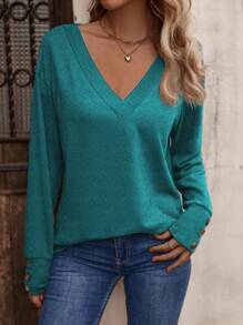 SHEIN LUNE Casual Solid Color V-Neck Long Sleeve T-Shirt, Autumn