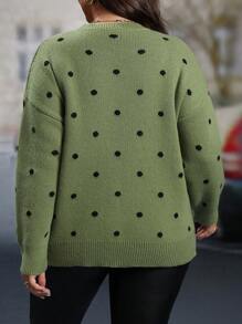 SHEIN LUNE 大码女式休闲波点图案落肩毛衣，秋冬针织套头衫 - 綠色 - 查看 2