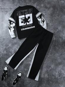Manfinity EMRG 男士纯色拼布圆领长袖字母印花休闲上衣和裤子套装 - 黑與白 - 查看 2