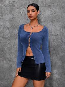 SHEIN ICON Blusa de mezclilla para mujer, estilo callejero sexy, de manga larga, ajustada y elástica, color azul