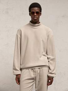 AKNOTIC Business Casual 2pcs Men's Knitted Crew Neck Loose Fit Pullover Sweatshirt & Drawstring Waist Straight Leg Fleece Sweatpants Set, Khaki, Suitable For Autumn/Winter Casual Wear, Letter Embroidery Leather Patch Details