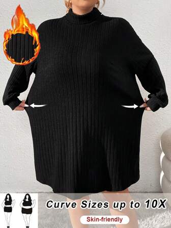 SHEIN CURVE+ Robe pour femme en tissu côtelé, col montant, manches longues, grande taille