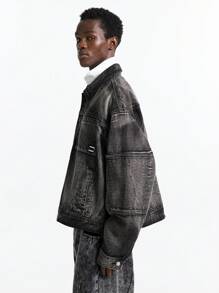 NEON BLANC 男士街头风格字母贴片黑色口袋编织棉质深色牛仔布长袖夹克 - 灰色 - 查看 3