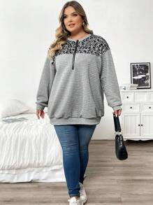 SHEIN CURVE+ 大码女式撞色豹纹半拉链半开襟卫衣，秋冬季/秋季女装/秋季上衣旅行机场装，秋冬T恤 - 灰色 - 查看 8