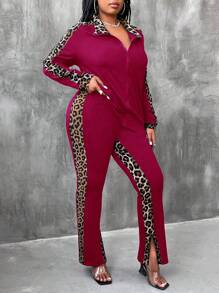 Maweii Áo thun tay dài họa tiết da báo cỡ lớn có khóa kéo và quần ống rộng xẻ tà 2 món Bộ thường ngày - Màu Đỏ Sâu - Xem 1