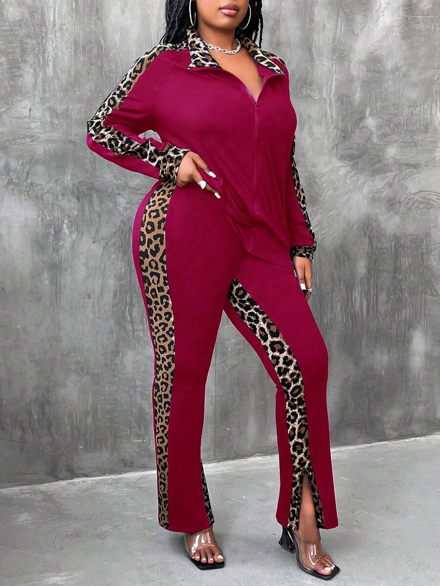 Maweii Áo thun tay dài họa tiết da báo cỡ lớn có khóa kéo và quần ống rộng xẻ tà 2 món Bộ thường ngày - Màu Đỏ Sâu - Xem 1