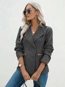 SHEIN LUNE Chaqueta de unicolor informal y de doble botonadura, adecuada para el transporte, otoño