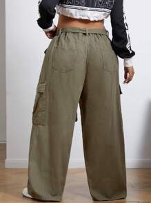 SHEIN ICON Quần Jeans Ống Rộng Túi Hộp Size Lớn Cho Nữ Thường Ngày Thoải Mái - xanh quân đội - Xem 2