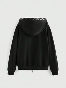 ROMWE Goth Kpop 十字架豹纹二合一拉链连帽衫，适合毕业季、返校季穿着，也适合教师穿着。 - 黑色 - 查看 4