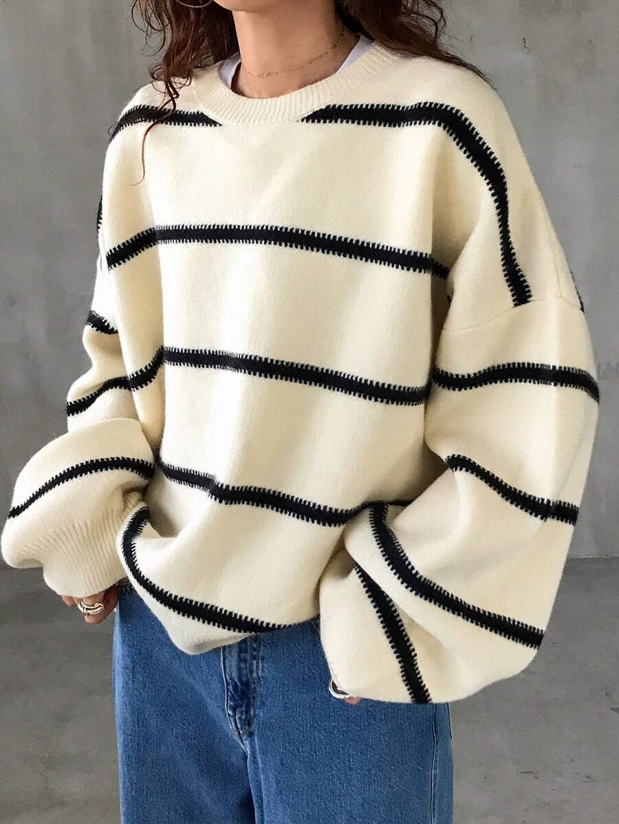 FRIFUL 女士圆领长袖条纹基本款针织毛衣，休闲日常穿着，秋季女装 - 米色 - 查看 1