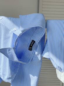 Comfortcana 藍色編織女士單排扣長袖上衣和短褲休閒套裝 - 藍色 - 查看 2