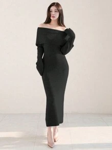 DAZY Vestido de punto ajustado de hombros caídos para mujer, color negro, apto para primavera/verano/otoño