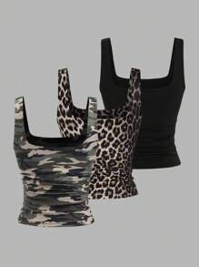 Flirla 3 stuks dames casual camouflage, luipaardprint en zwarte tanktop sets, zomer grafische T-shirts dames tops