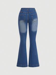 SHEIN MOD Women's Bow Print Pocket Decor Casual Flared Leg Jeans - Blue - View 2