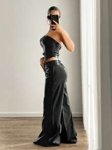 SHEIN ICON Quần ống rộng cạp thấp phong cách đường phố Châu Âu & Mỹ Quần da PU - màu đen - Xem 2