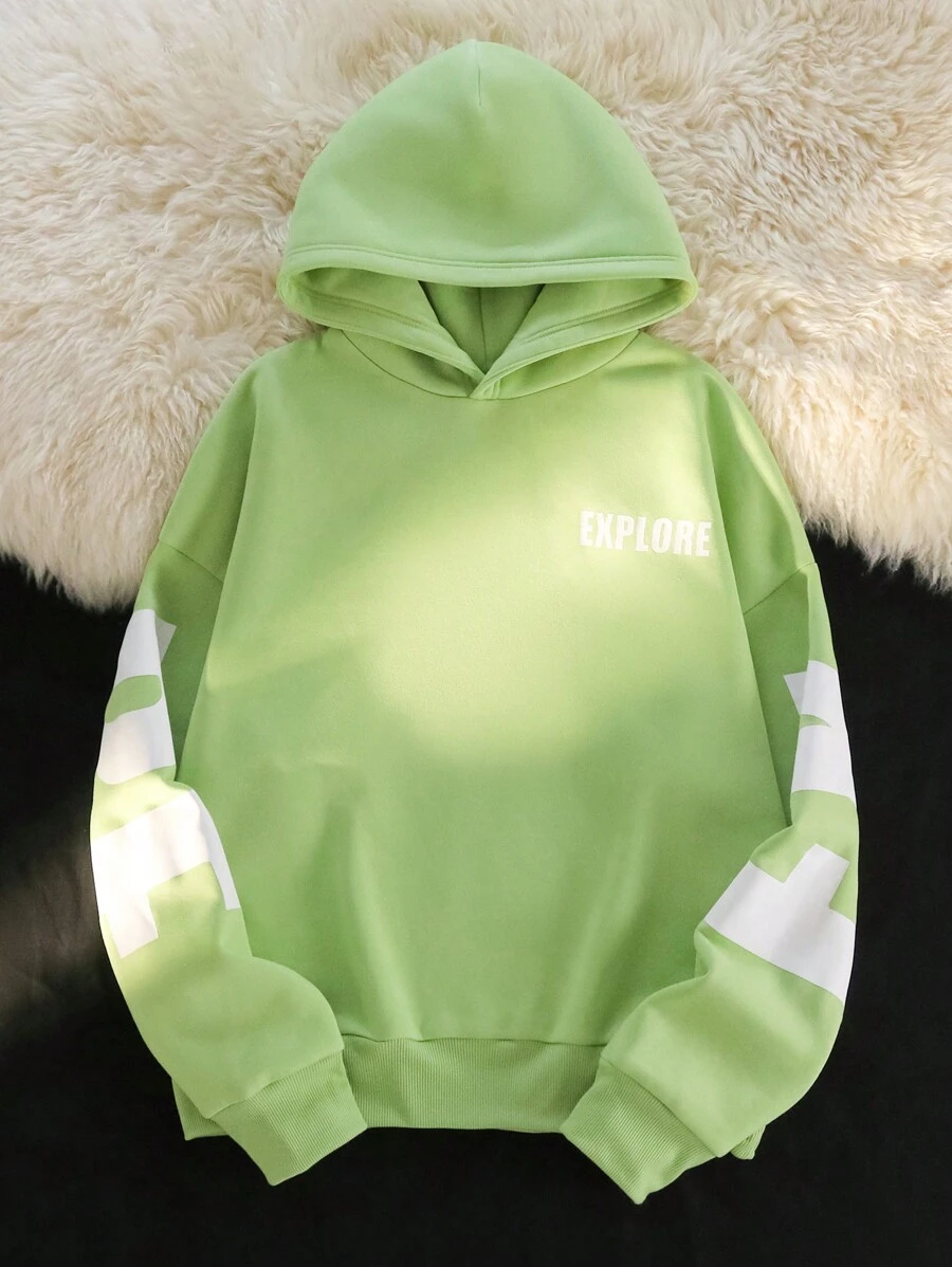 Manfinity VCAY Oversized Drop Shoulder Hooded Long Sleeve Sweatshirt, Suitable For Autumn & Winter Mint Green Going Out Letter Hoodie, For Friends, Husband, Boyfriend Gifts - Mint Green - View 1