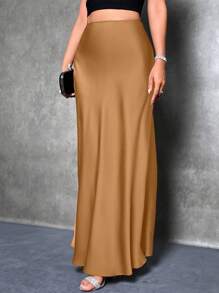 Glamine Váy Maxi trơn màu đơn giản thanh lịch dành cho nữ, mùa thu - Đồng - Xem 3