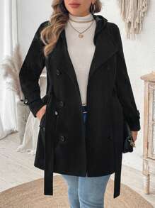 Flirla 大码女式纯色长袖双排扣连帽抽绳外套 - 黑色 - 查看 1