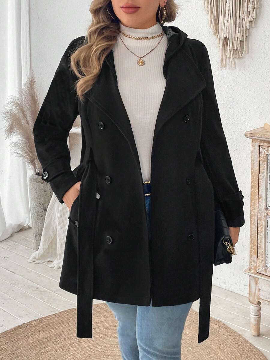 Flirla 大码女式纯色长袖双排扣连帽抽绳外套 - 黑色 - 查看 1