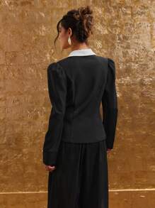 COSMINA Women's Casual Commuter Contrast Color Double-Breasted Shirt For Autumn - Black and White - View 2