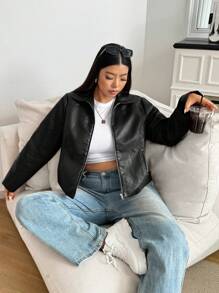 SHEIN EZwear 大码女式黑色休闲拉链长袖夹克，适合冬季 - 黑色 - 查看 1