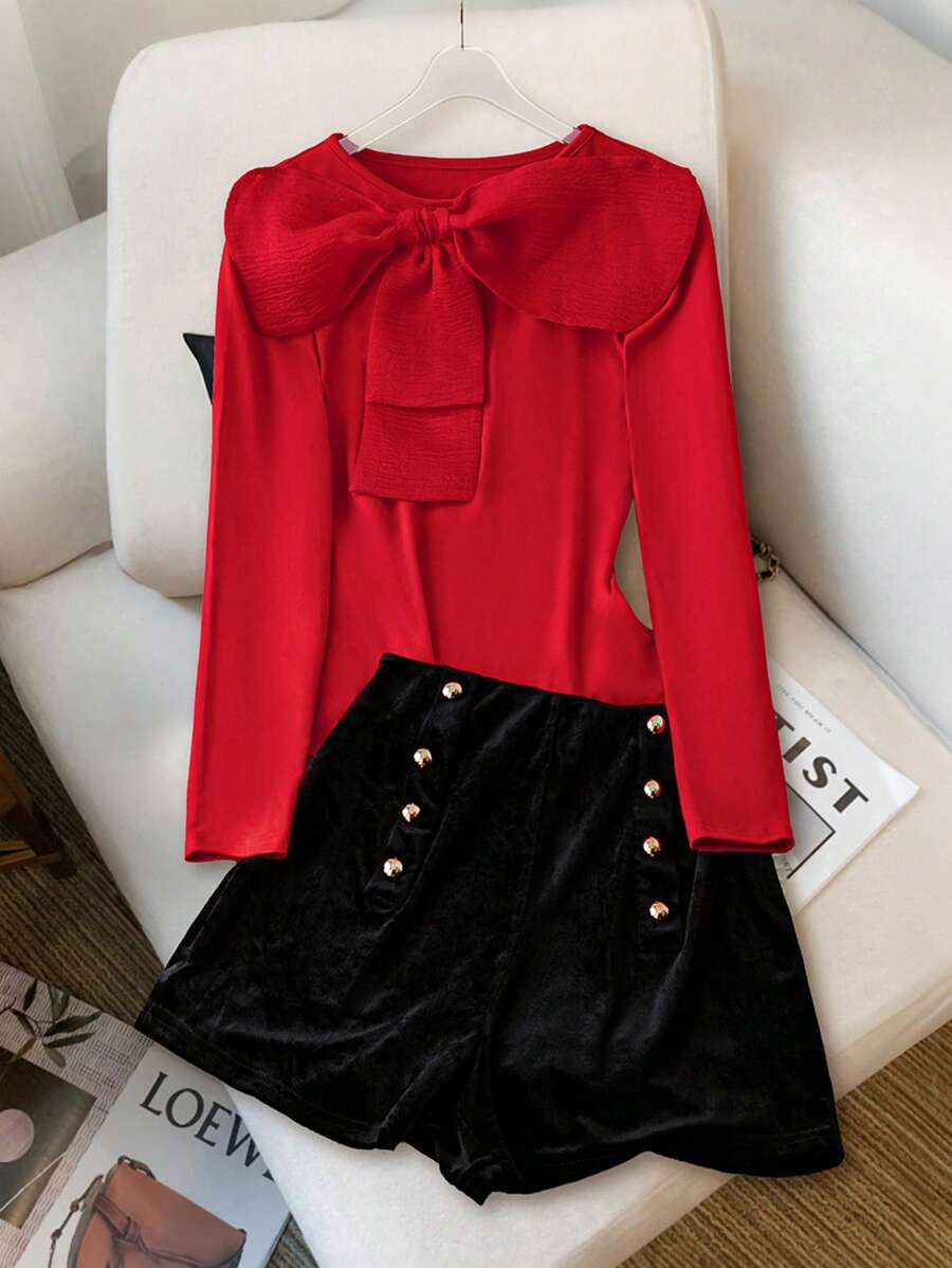 Chiquease Bộ 2 món/bộ áo cánh nơ dự tiệc Giáng sinh thanh lịch cho nữ và quần short nhung - Nhiều màu - Xem 1