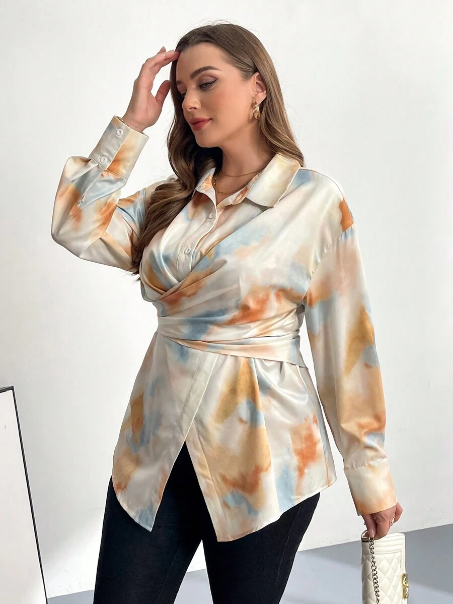 SHEIN Essnce 大码女装秋冬时尚优雅舒适扎染印花黄色长袖腰纽扣衬衫、女式衬衫、秋季女装、办公室服装、工作服、曲线上衣、商务休闲、派对女士 - 黃色 - 查看 1