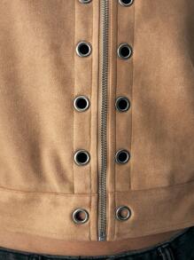 Maija 女式棕色金属点缀休闲简约纯色长袖复古夹克，秋冬 - 卡其色 - 查看 7