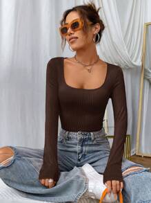 SHEIN EZwear 1pc Women Square Collar Fitted Ribbed Long Sleeve Tee Shirt, Autumn