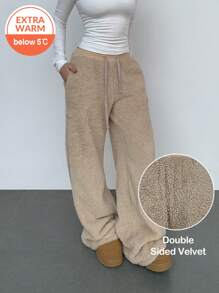 SHEIN BASICS 休闲纯色针织双面绒高腰阔腿宽松保暖女裤 - 卡其色 - 查看 6