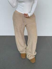 SHEIN BASICS 休闲纯色针织双面绒高腰阔腿宽松保暖女裤 - 卡其色 - 查看 4