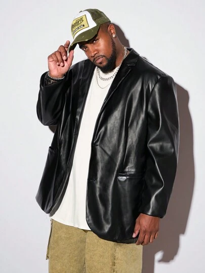 Manfinity VCAY Plus Size Men's Black Leather Long Sleeve 2-Button Blazer, For Fall Winter