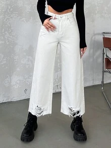 Cottnline Quần jean ống rộng rách - Màu be - Xem 3