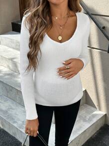 SHEIN 1pc Pregnant Women Solid Color V-Neck Long Sleeve Casual T-Shirt, For Maternity, For Winter
