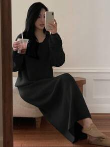 DAZY 2 件套女士休闲纯色毛衣和裙子套装，秋冬 - 黑色 - 查看 2