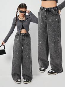 Sparklyn 少女 Y2K 别致都市街头风格闪亮钻石熨烫细节舒适松紧腰阔腿牛仔裤，女孩必备时尚单品 - 灰色 - 查看 5