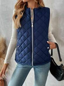 SHEIN LUNE Women Plain Front Zip Pocket Simple Sleeveless Casual Puffer Vest - Navy Blue - View 1
