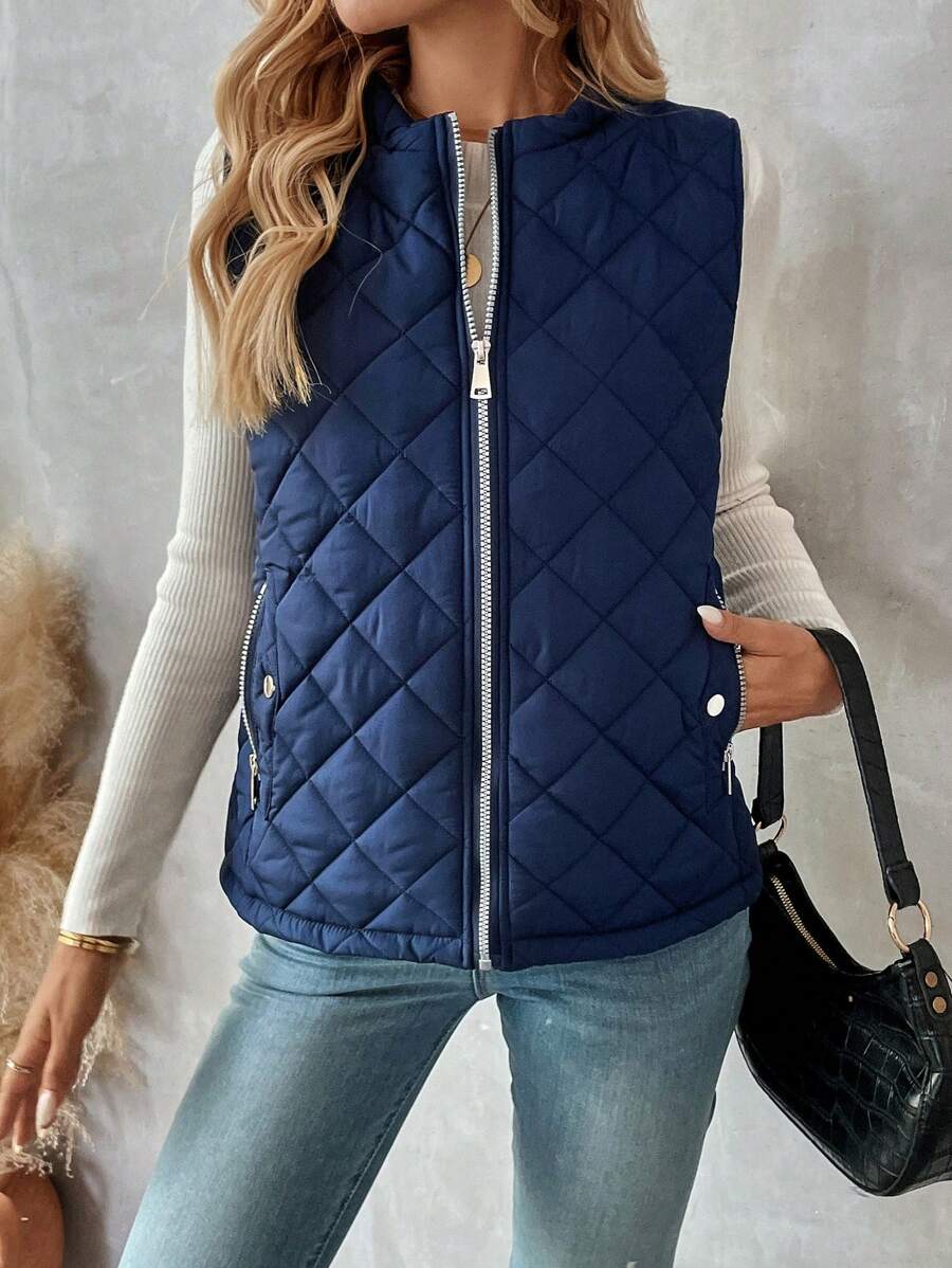 SHEIN LUNE Women Plain Front Zip Pocket Simple Sleeveless Casual Puffer Vest - Navy Blue - View 1