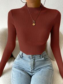Chiquease 女士纯色立领长袖休闲修身套头毛衣针织衫秋冬款 - 酒紅色 - 查看 5