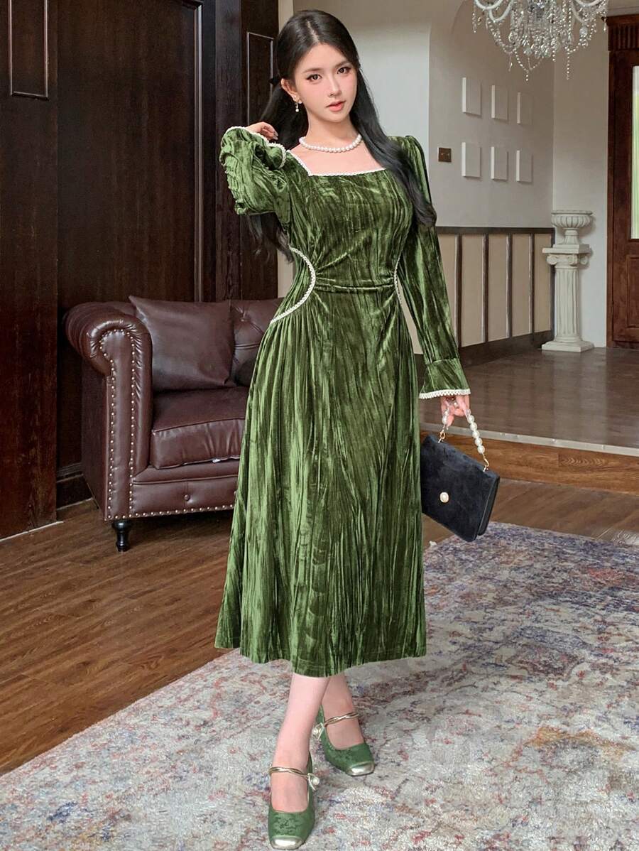 DAZY 女士秋季优雅天鹅绒褶皱腰连衣裙,新年除夕舞会礼服,秋季女装 - 綠色 - 查看 1