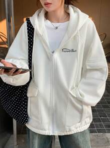 DAZY Women's Hooded Raglan Sleeve Letter Print Jacket - White - View 1