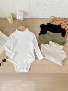 SHEIN Leap Crew 4件套男婴男女通用连体衣，柔软弹力罗纹针织面料，长袖连体衣，日常必备