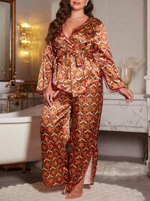 几何印花配色长袖大码睡衣套装