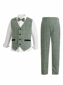 2pcs/Set Tween Boys Green Plaid Waistcoat Gentleman Outfit, For Christmas - Green - View 1