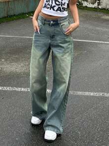 Women Retro Distressed Straight Leg Loose Fit Boyfriend Jeans - Navy Blue - View 3