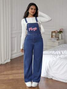 SHEIN EZwear Quần yếm denim vá chữ giặt thường ngày cho nữ/Quần yếm - Màu xanh lam - Xem 3