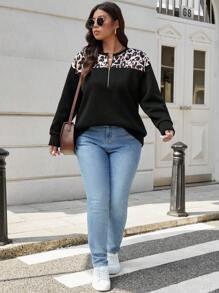 SHEIN LUNE Plus Size Women Leopard Print Patchwork Zipper Pullover Casual Sweatshirt, Autumn Holiday - Black - View 4