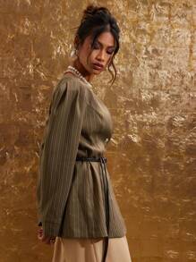 COSMINA 女式前扣长袖条纹简约休闲西装外套（秋冬款） - 咖啡棕 - 查看 6