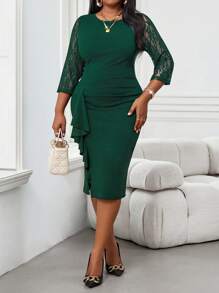 SHEIN Lady Vestidos de talla grande con cuello redondo de encaje de punto verde elegante, volantes plisados y mangas 3/4, aptos para primavera, verano, otoño e invierno - Verde Oscuro - Ver 6
