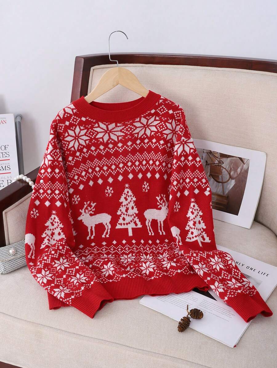 青少年女孩冬季宽松休闲简约舒适圆领柔软针织毛衣，适合圣诞节 - 紅色 - 查看 1